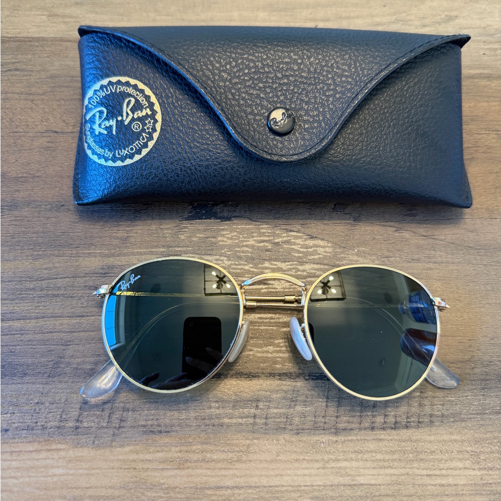 Ray-Ban Round Gold Frame Sunglasses With Green Lenses 47m